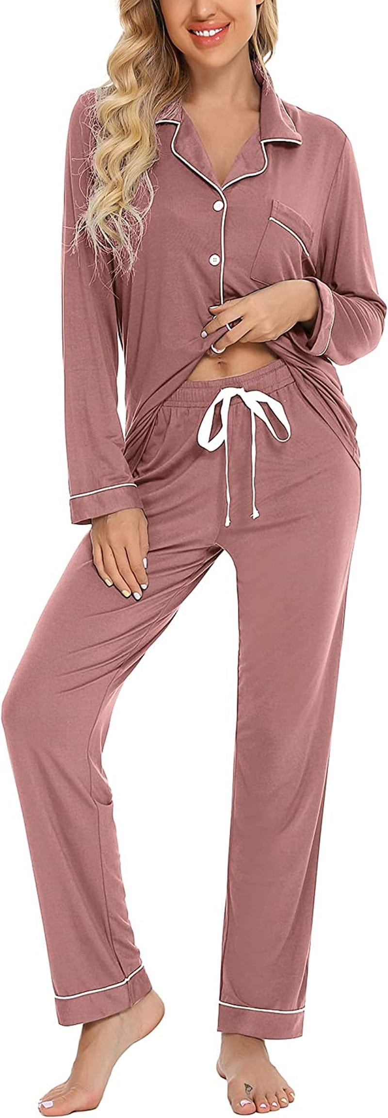 Leikar Button up Pajama Set for Women Long Sleeve Shirt and Pajama Pants Soft Pjs Lounge Sets S-XXL