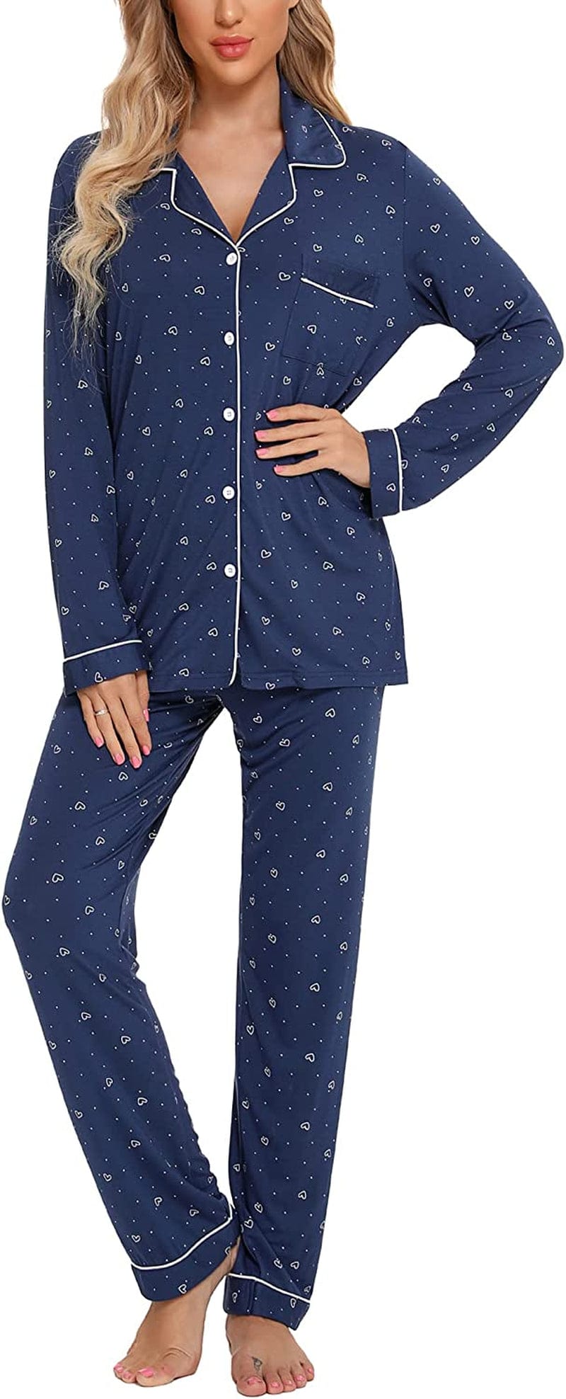 Leikar Button up Pajama Set for Women Long Sleeve Shirt and Pajama Pants Soft Pjs Lounge Sets S-XXL