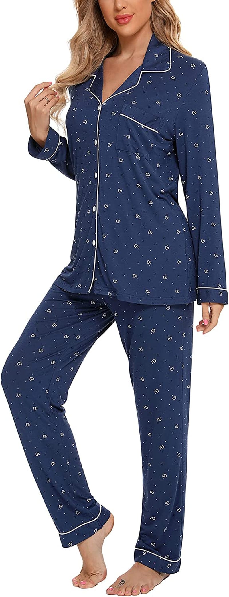 Leikar Button up Pajama Set for Women Long Sleeve Shirt and Pajama Pants Soft Pjs Lounge Sets S-XXL