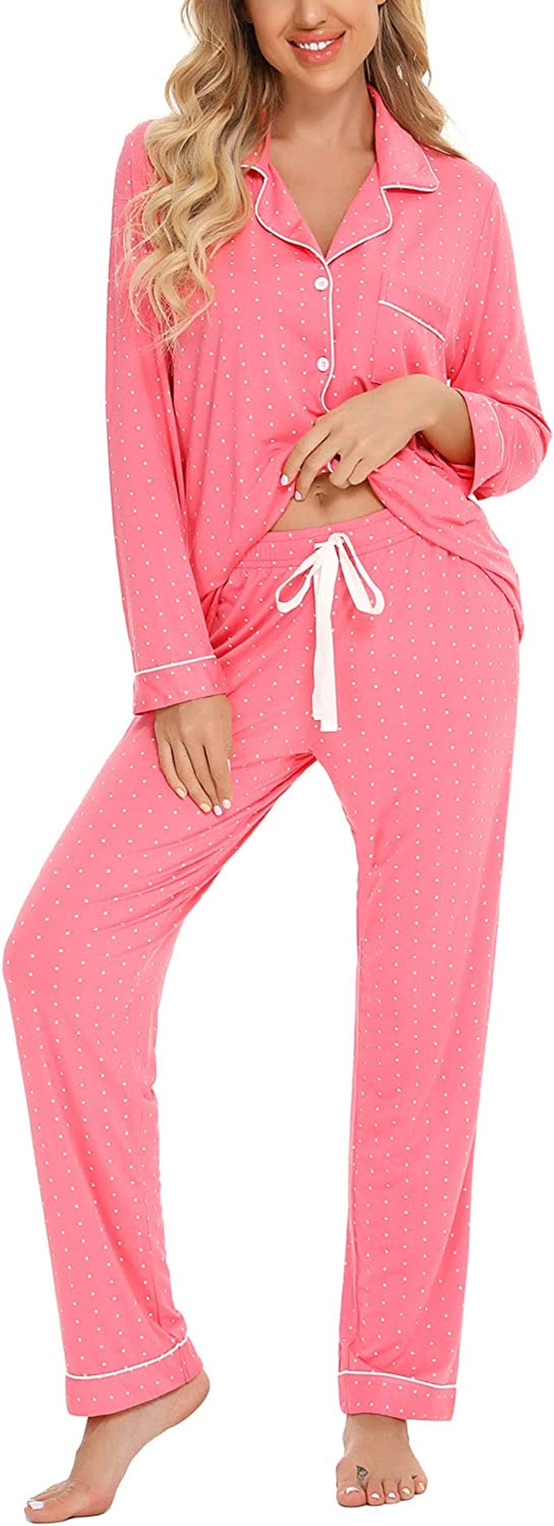 Leikar Button up Pajama Set for Women Long Sleeve Shirt and Pajama Pants Soft Pjs Lounge Sets S-XXL