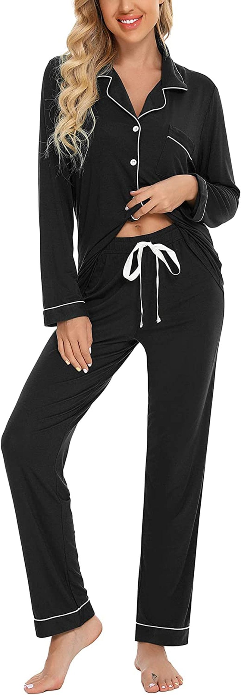 Leikar Button up Pajama Set for Women Long Sleeve Shirt and Pajama Pants Soft Pjs Lounge Sets S-XXL
