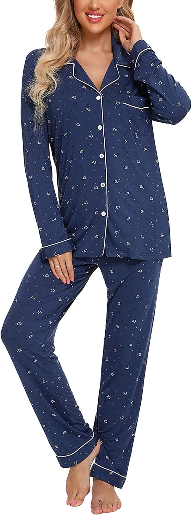 Leikar Button up Pajama Set for Women Long Sleeve Shirt and Pajama Pants Soft Pjs Lounge Sets S-XXL