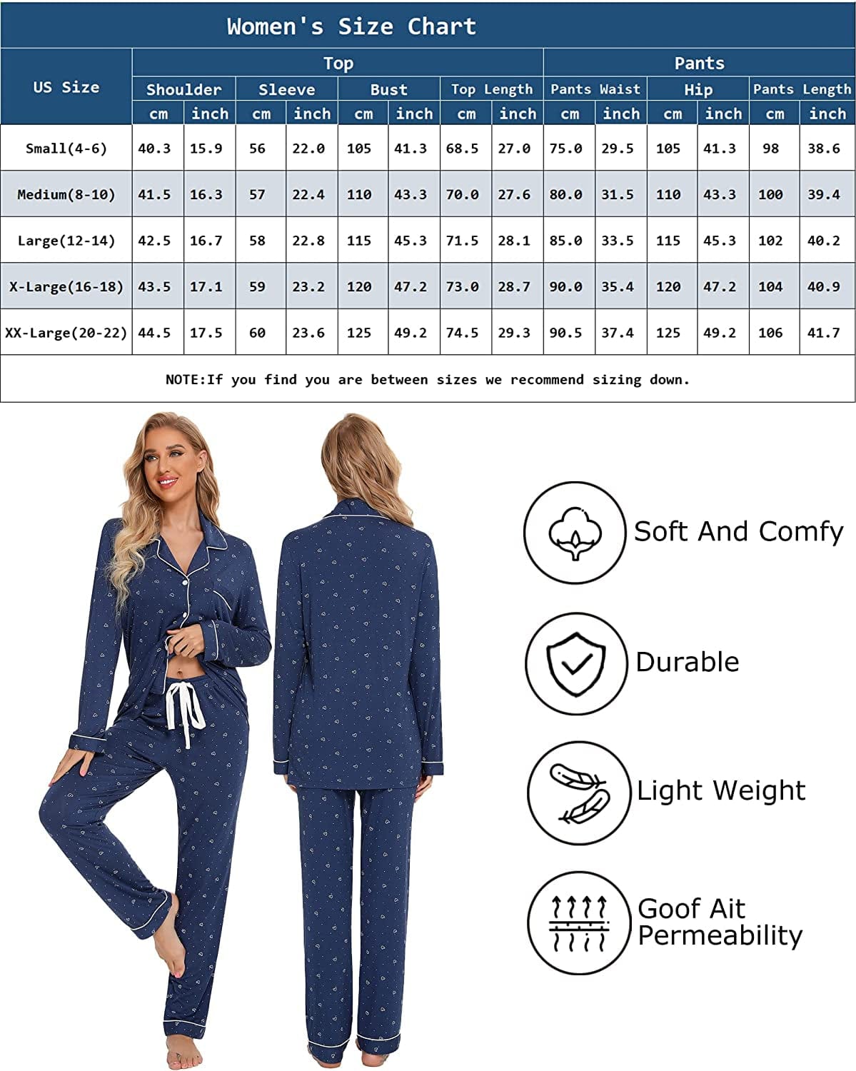 Leikar Button up Pajama Set for Women Long Sleeve Shirt and Pajama Pants Soft Pjs Lounge Sets S-XXL