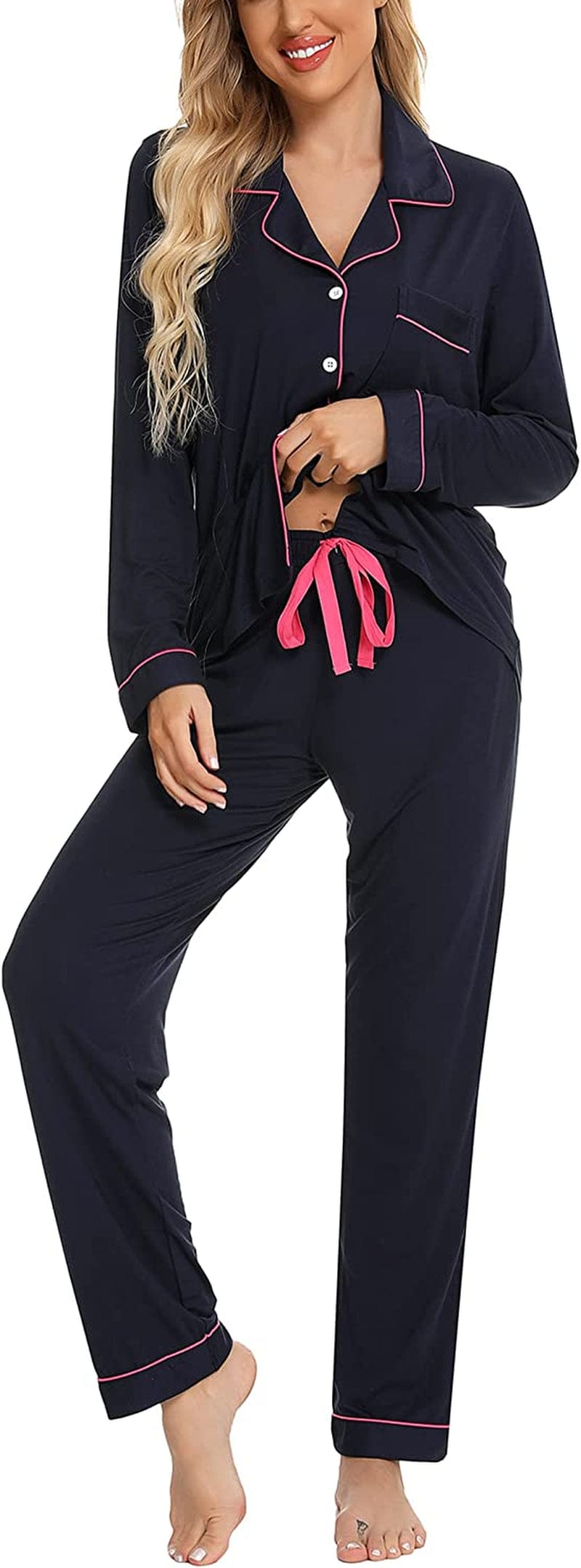 Leikar Button up Pajama Set for Women Long Sleeve Shirt and Pajama Pants Soft Pjs Lounge Sets S-XXL