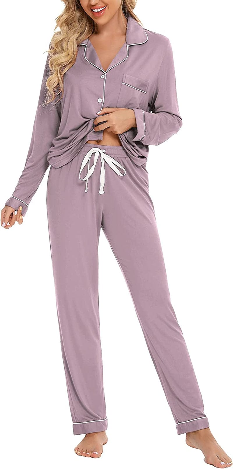 Leikar Button up Pajama Set for Women Long Sleeve Shirt and Pajama Pants Soft Pjs Lounge Sets S-XXL